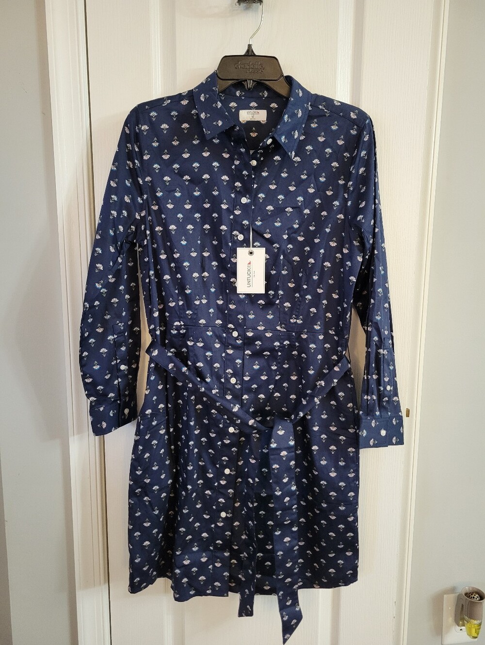 NWT UNTUCKit Sydney Blue Floral Print Cotton Belted Shirt Dress Size 10